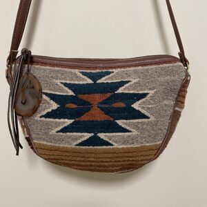 Southwestern-Style Crossbody Shoulder Bag woven Wool Body Leather Trim Agate